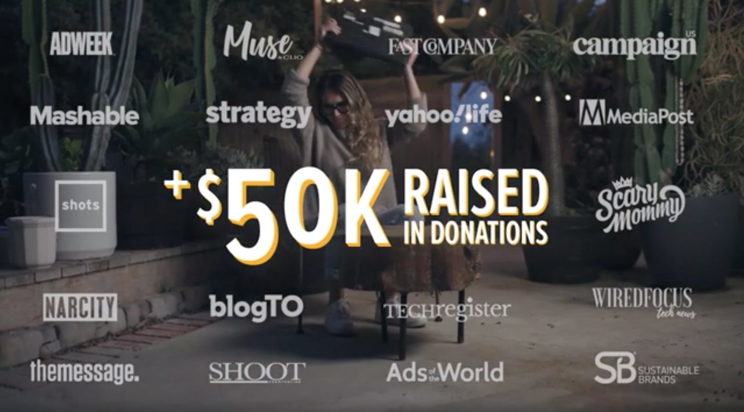 Logos of publications where campaign was featured along with impact $50k money raised in donations