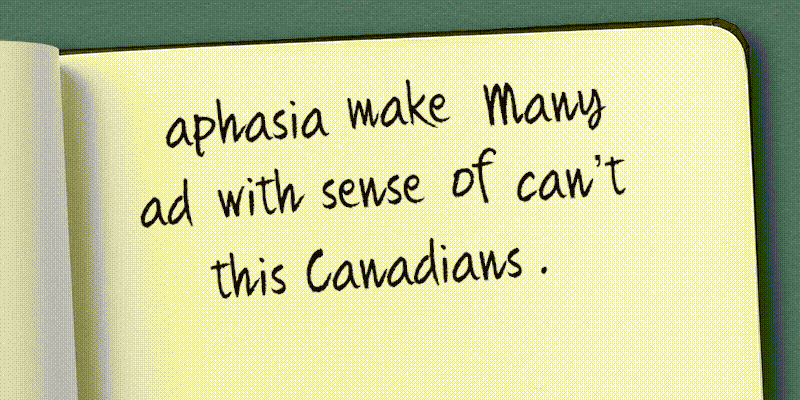 Image of words mixed up which move to reveal the sentence " Many Canadians with Aphasia can't make sense of this ad."