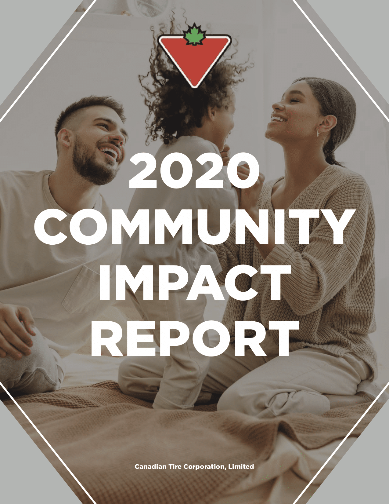A mother, father and small child playing in the background. Over top, the Canadian Tire logo is above text that reads, "2020 Community Impact Report" by Canadian Tire Corporation, Limited