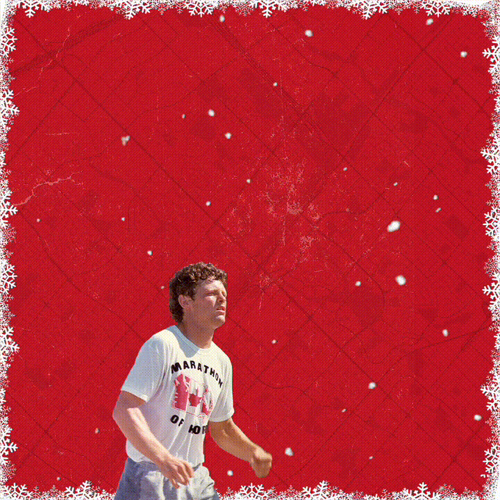 Image of Terry Fox on a red background with snowflakes, animated text reads: "Donate today and your gift gets matched. Together we can reach #TheNextMile in cancer research."