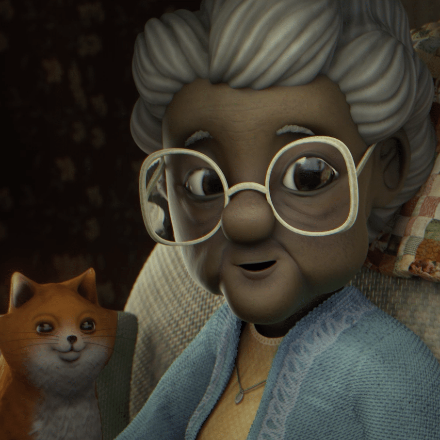 Animated image of a senior woman, Mrs. King, and her orange and white cat