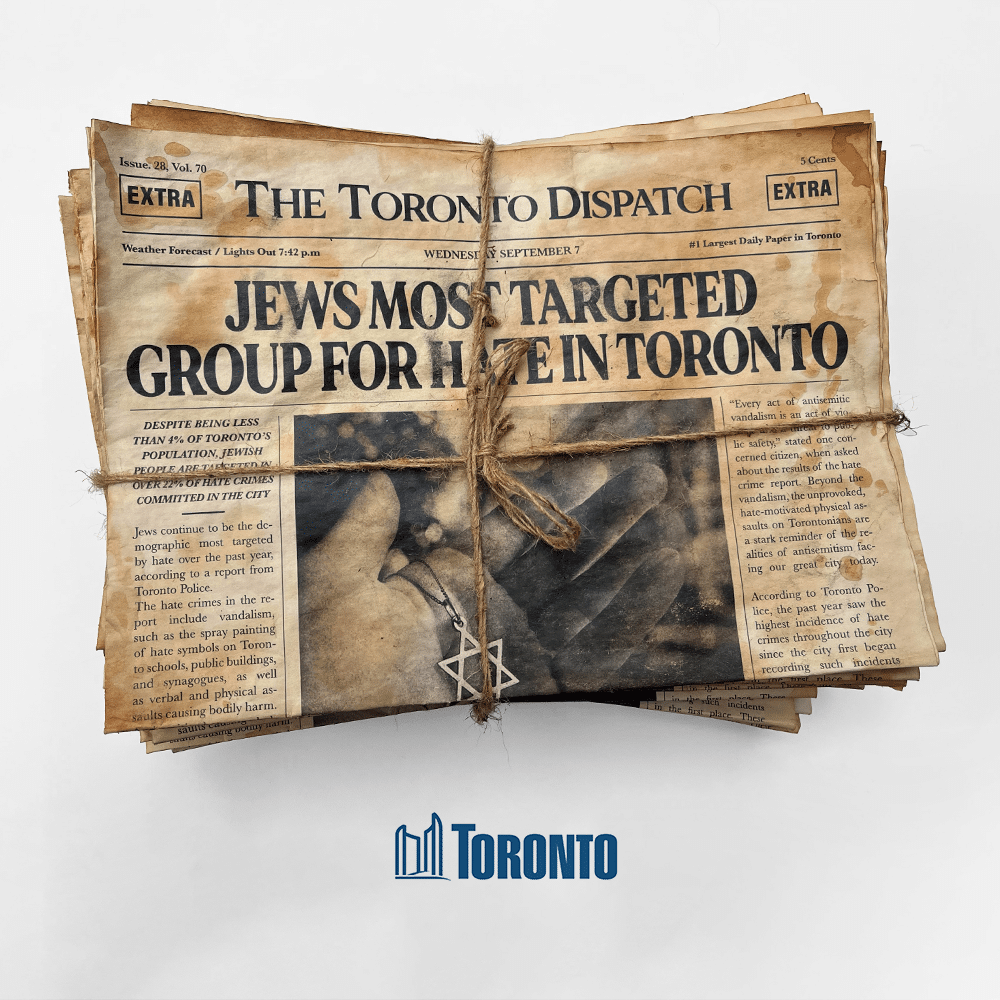 Stack of Toronto newspapers with headline "Jews Most Targeted Group For Hate in Toronto"