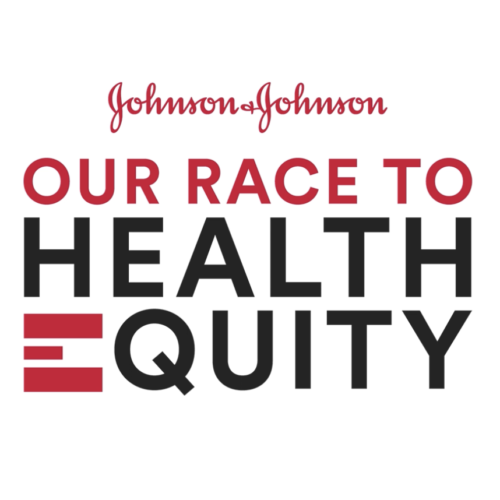Text on white background: Johnson & Johnson Our Race To Health Equity