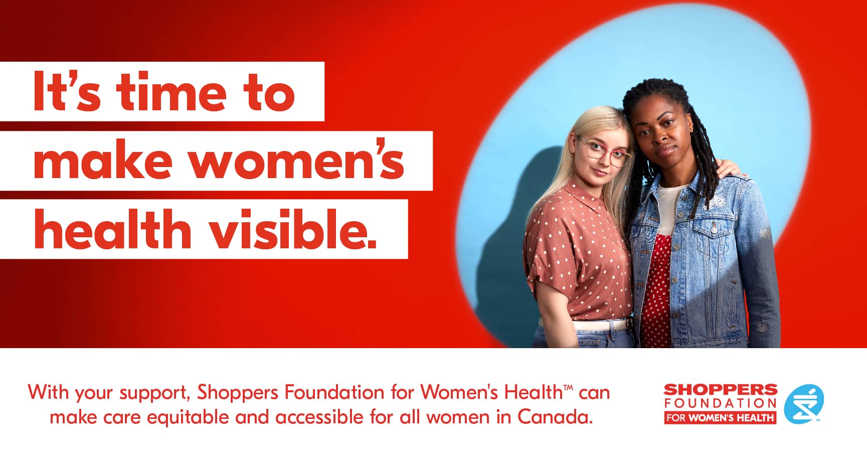 In-store digital screen featuring two women standing together. A title reads, "it's time to make women's health more visible"
