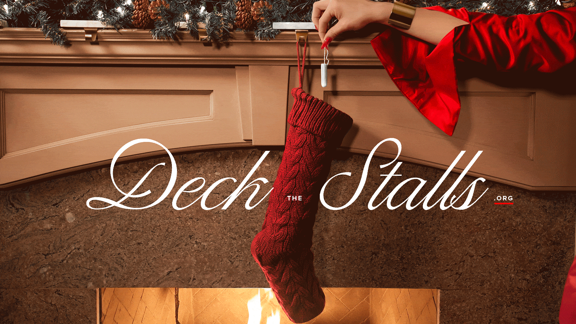 Stocking hanging over a fireplace, with Crampus' hand dropping a tampon into it.